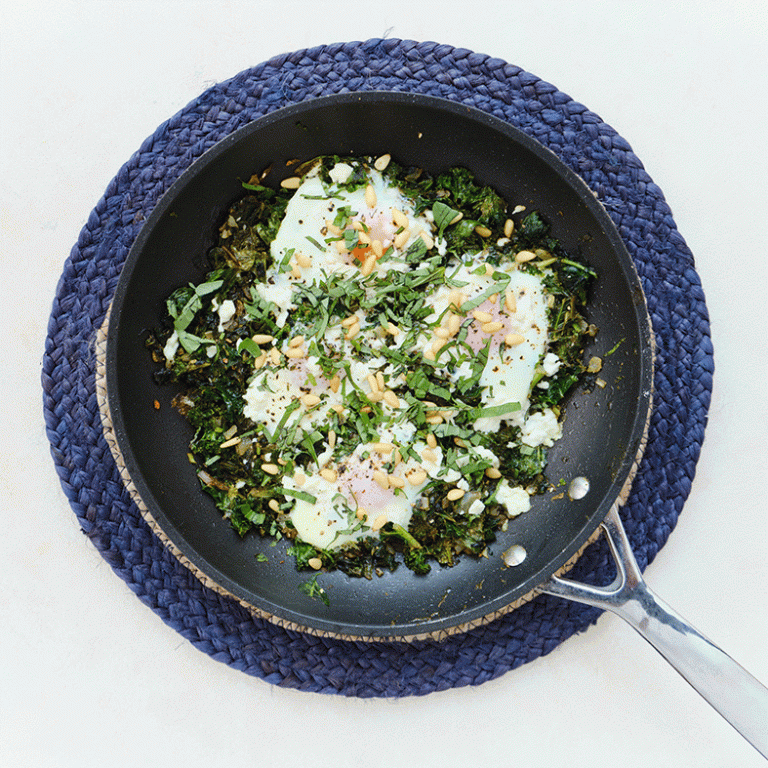 A gluten-free breakfast with kale, spinach, and pesto. Ready in under 15 mins. Serves 2. Developed by Second Nature dietitians.