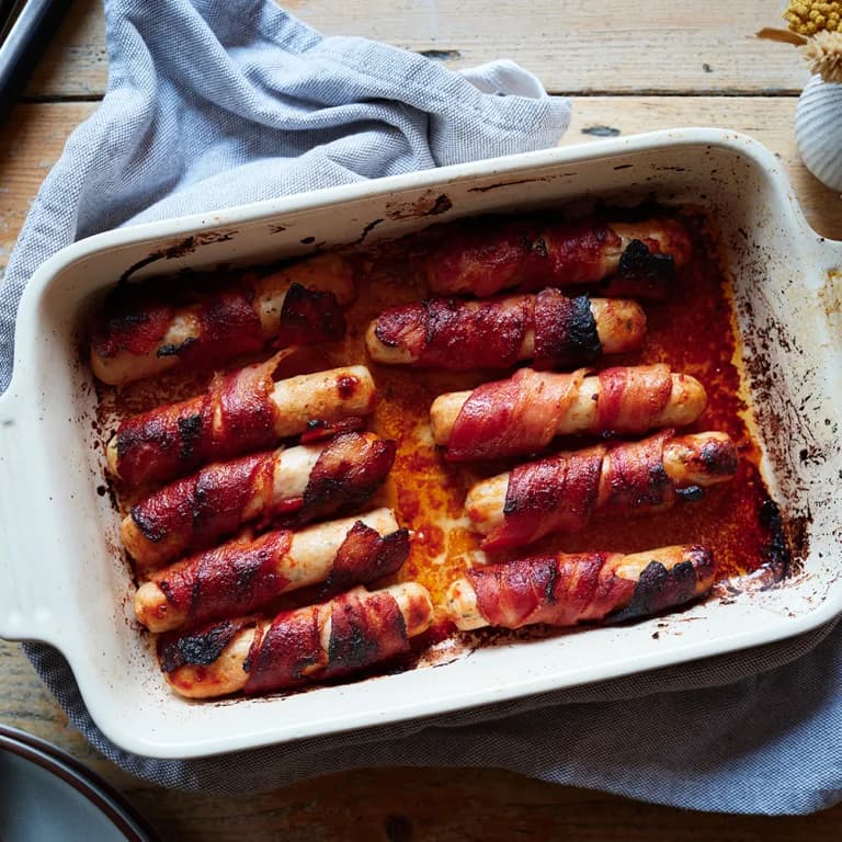 Pigs in blankets recipe with 4 ingredients: chipolatas wrapped in streaky bacon with a Worcestershire and tomato glaze. Ready in 40 minutes, serves 6.