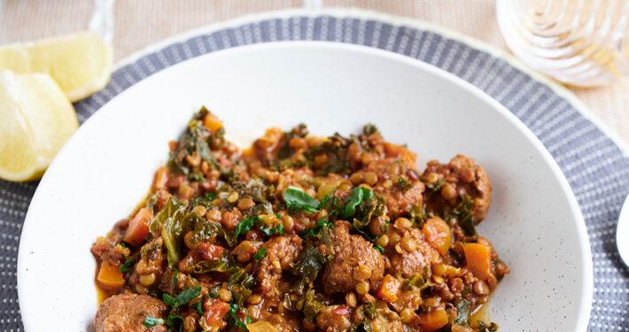 Lamb meatball, lentil and kale stew