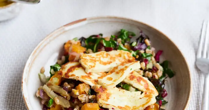 Warm halloumi, spelt and roast seasonal veg salad