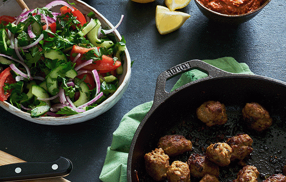 Lamb kofte, muhammara, and salad