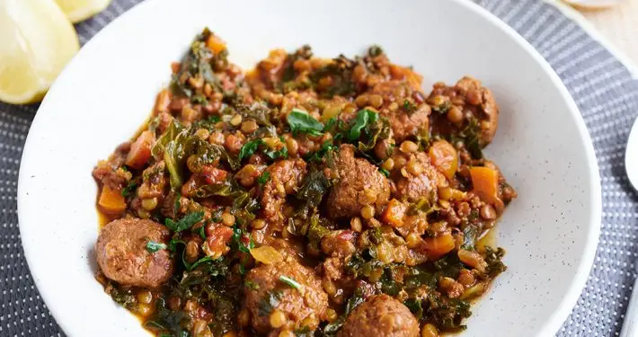 Lamb meatball, lentil, and kale stew