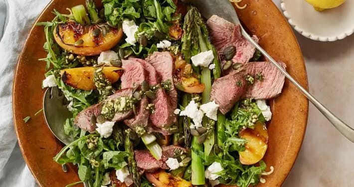Peach and pesto lamb salad