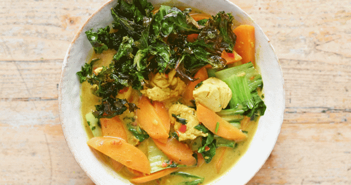 Thai yellow curry with chicken and crispy kale